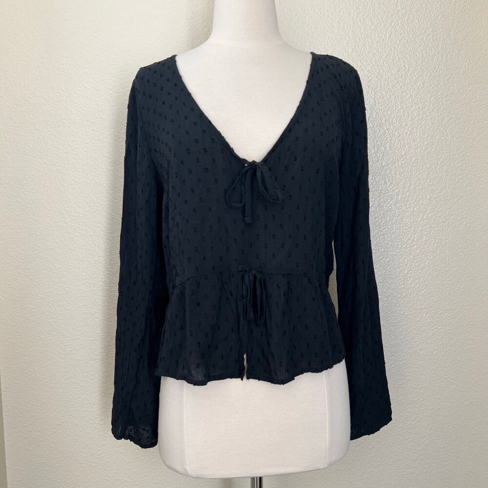 Hollister flocked dot long sleeve blouse top front ties